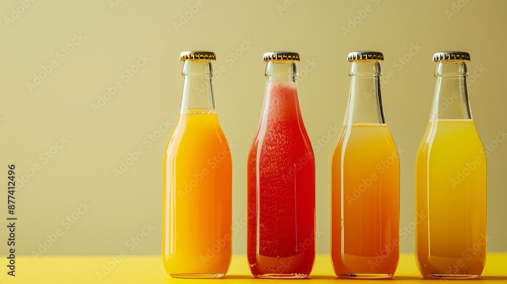 bottles of juice are lined up on a table with a yellow background bottles of juice are lined up on a table with a yellow background
