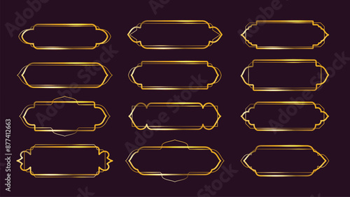 Arabic deco frames. Golden label border with Islamic window and oriental arches shapes. Luxurious gold line frame for UI button or horizontal art deco banner 1920s vector collection.