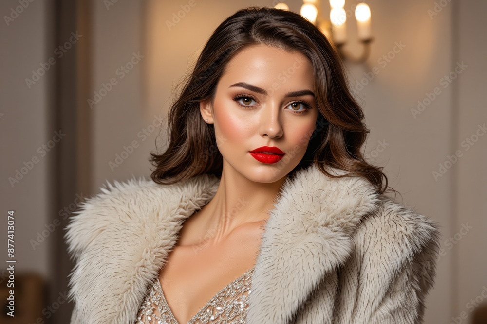 A portrait of confidence: a woman in a red sequined dress and fur collar, under the glow of a chandelier A portrait of confidence: a woman in a red sequined dress and fur collar, under the glow of a chandelier