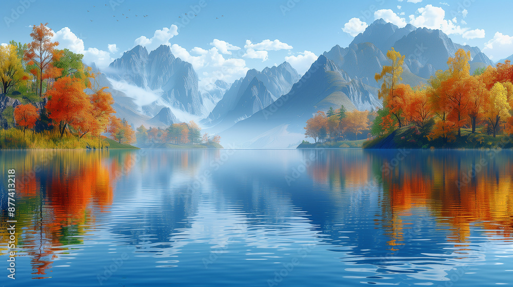 Fototapeta premium Serene Lake with Autumn Trees and Majestic Mountains