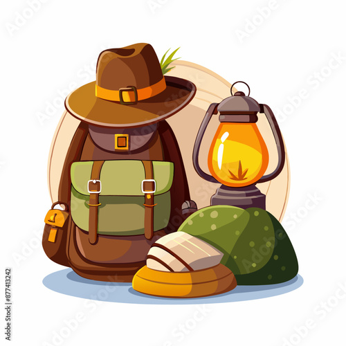 Camping tourist backpack hat kerosene lamp vector illustration cartoon style Concept of travel (18)