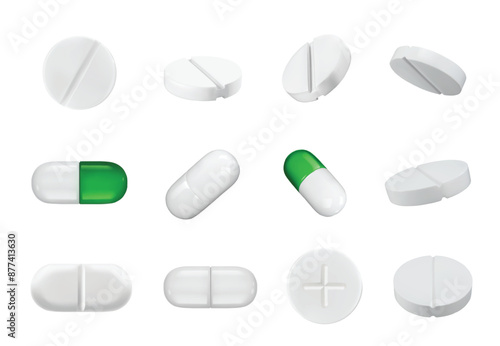 White medicine pills and capsules. Pharmaceutical tablets, medical drugs, vitamins and supplements for healthcare, pharmacy and treatment. Realistic 3D medication isolated painkiller pill vector set.