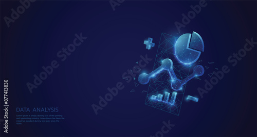 3d graph and mobile phone low poly wireframe art on blue background vector illustration. data Analysis concept template design for landing page, banners, poster, covers, flyers, presentations.
