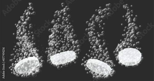 Effervescent tablet dissolving. Health supplements and medical tablets with fizzing bubbles. Medicine dissolution and carbonation process, painkiller solution vector illustration.