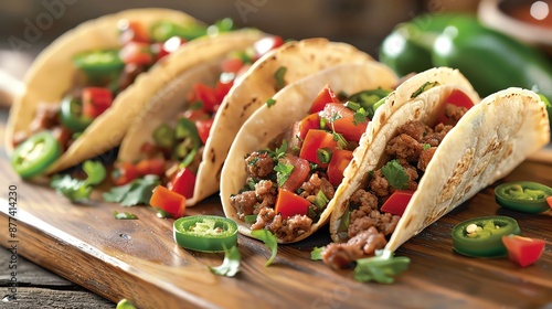 Delicious beef tacos garnished with fresh vegetables and herbs on a wooden board, ready to be enjoyed. photo