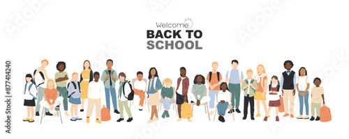 Welcome Back to School banner. Different children with backpacks together.