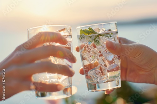 With summer skies as a backdrop, friends raise their drink glasses in celebration.