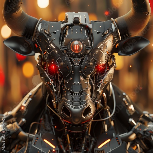 A futuristic robotic bull with glowing red eyes and intricate metal design, set against a blurred urban backdrop in soft light