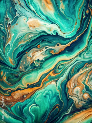 Vibrant abstract fluid art featuring swirling patterns of teal, orange, and green, creating a lively and dynamic visual effect. 