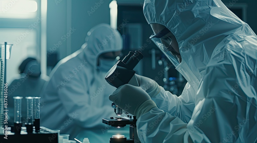 Scientist in a Protective Suit Examining a Sample Under a Microscope Scientist in a Protective Suit Examining a Sample Under a Microscope