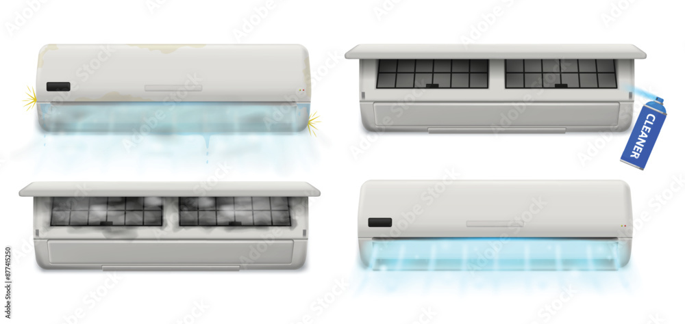Air conditioner cleaning process. Dirty and clean air conditioner filters, before and after cleaning with cleaner spray. Maintenance air conditioners vector illustration. Air conditioner cleaning process. Dirty and clean air conditioner filters, before and after cleaning with cleaner spray. Maintenance air conditioners vector illustration.