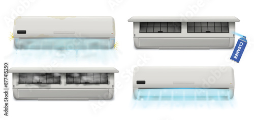 Air conditioner cleaning process. Dirty and clean air conditioner filters, before and after cleaning with cleaner spray. Maintenance air conditioners vector illustration.
