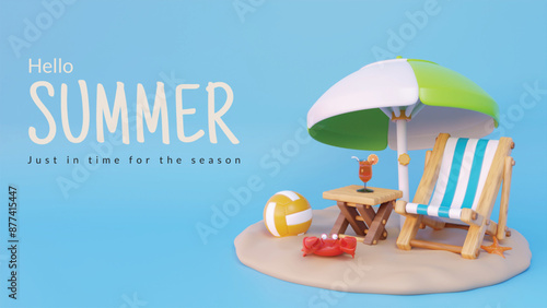 Summer season poster with Beach Chair, Green and white Umbrella and Volley Ball, Summer holiday, Time to travel concept