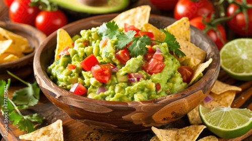 Guacamole With Tomatoes. Traditional Mexican Avocado Salsa with Fresh Herbs and Lime