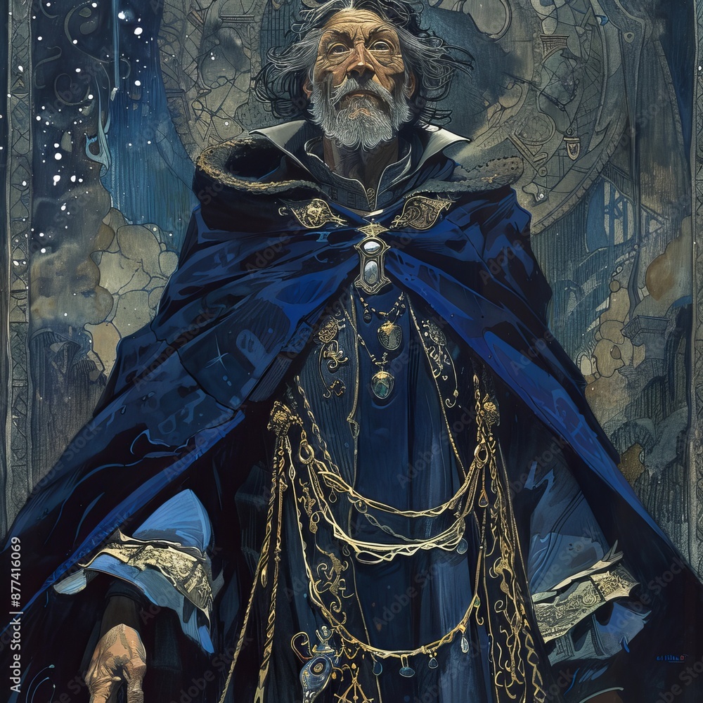 Mysterious sorcerer stands in dark realm adorned with mystical symbols and elaborate attire surrounded by ethereal light Mysterious sorcerer stands in dark realm adorned with mystical symbols and elaborate attire surrounded by ethereal light