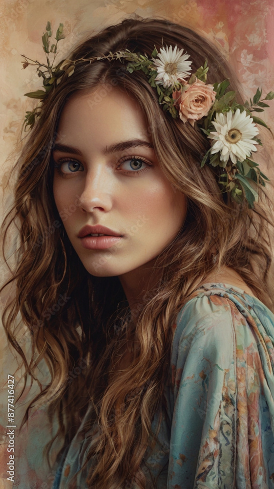 A captivating bohemianstyle painting features a woman A captivating bohemianstyle painting features a woman