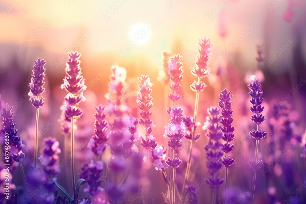 Fototapeta premium Lavender Sunlight. Lavandula Blooming Background in Beautiful Sunrise Field