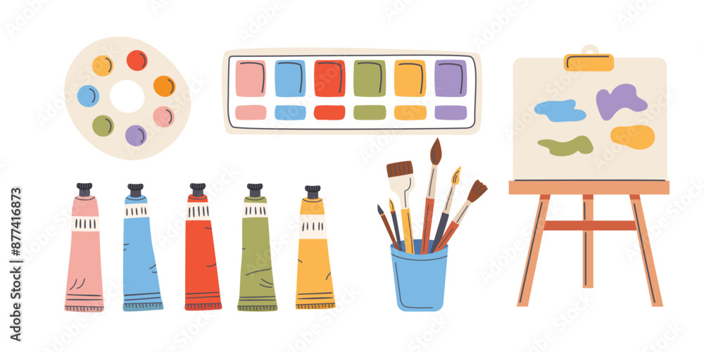 Set of watercolor and oil paints, brushes, palette and easel. Vector illustration Set of watercolor and oil paints, brushes, palette and easel. Vector illustration