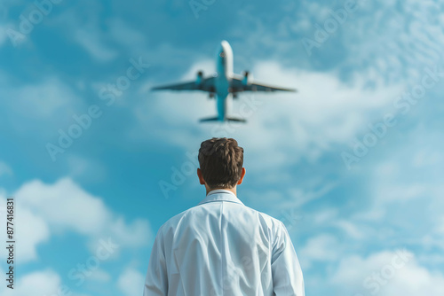 Concept of medical tourism or traveling for medical treatment, doctor or medical professional or medical tool and airplane