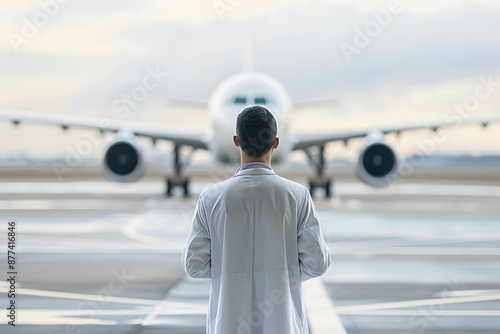 Concept of medical tourism or traveling for medical treatment, doctor or medical professional or medical tool and airplane