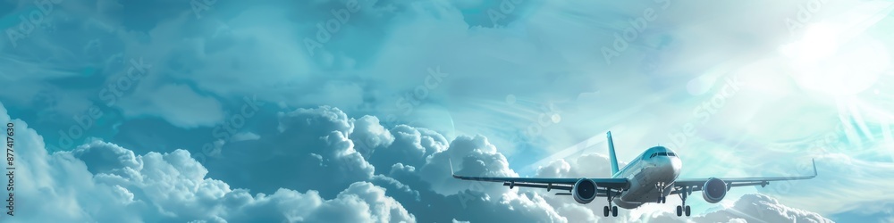 Fototapeta premium Sky Header. Passenger Airplane Flying in Blue Sky with White Clouds. International Air Transportation Banner