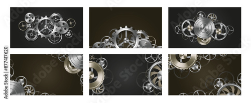 Gears 3d composition. Metal gears and cogs mechanism, mechanical steampunk frame and engineering, machinery or technology themed industrial background vector illustration. Business industrial concept.
