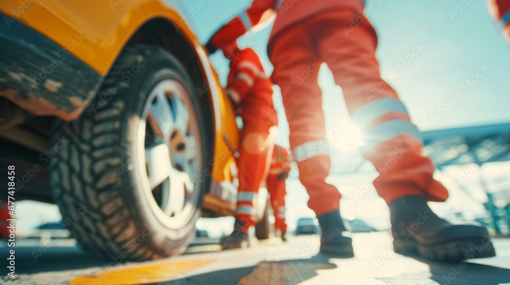 Obraz premium Mechanics Pushing Broken-Down Car to Service Station Under Bright Daylight - Ideal for Emergency Service Themes with Text Space