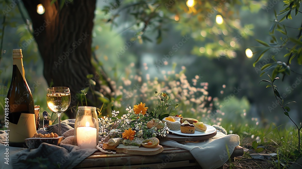 Fototapeta premium Beautiful outdoor picnic setup with wine, candles, and flowers arranged on a rustic table in a serene, forested setting during dusk.