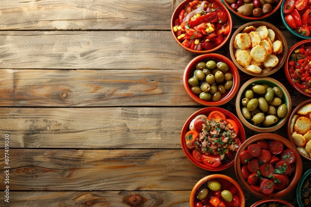 Appetizers and Tapas on Rustic Wooden Table Appetizers and Tapas on Rustic Wooden Table