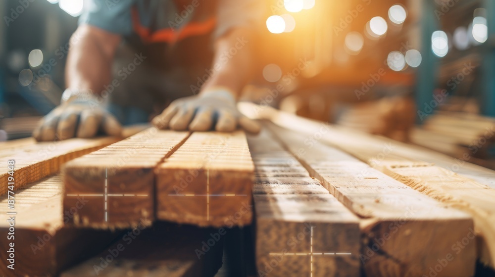 Crafting Data: Timber with Visualization Overlay, Skilled Craftsman's Hands, Bright Lighting, Copy Space on Right Crafting Data: Timber with Visualization Overlay, Skilled Craftsman's Hands, Bright Lighting, Copy Space on Right