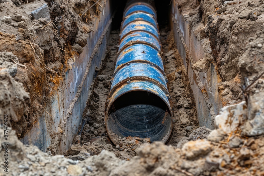 Drainage Work: Sewer pipe construction in the trench for sewage management Drainage Work: Sewer pipe construction in the trench for sewage management
