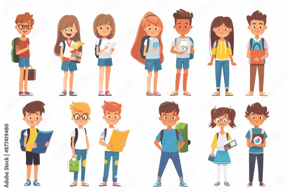 School students vector characters. Back to school classmates elementary student characters in education activities like presenting and playing. School students vector characters. Back to school classmates elementary student characters in education activities like presenting and playing.