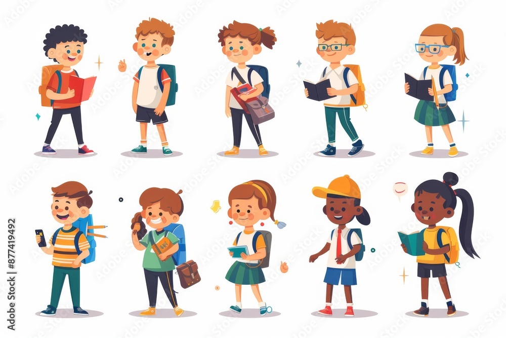 School students vector characters. Back to school classmates elementary student characters in education activities like presenting and playing. School students vector characters. Back to school classmates elementary student characters in education activities like presenting and playing.