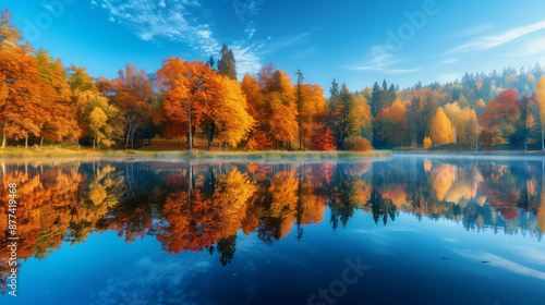 autumn paints a breathtaking scene of nature's transformation. Golden sunlight filters through the canopy, casting a warm glow on the vibrant foliage below. Trees adorned in shades of crimson, angold.