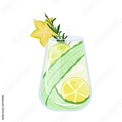 Summer beach cold cocktail with lime, ice cubes and rosemary. Refreshing summer drink with cucumber and lemon. Classic caipirinha bar alcoholic drink. Vector illustration isolated on white background.
