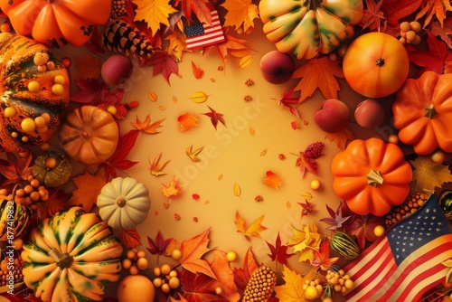 A colorful top view illustration of a Thanksgiving Day celebration, featuring American flags, fall leaves, and harvest elements. Perfect for festive designs and autumn-themed projects. photo