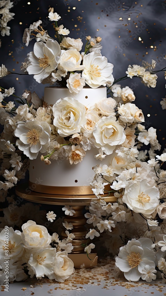 a wedding cake with flowers on the top and a gold band around the bottom. a wedding cake with flowers on the top and a gold band around the bottom.