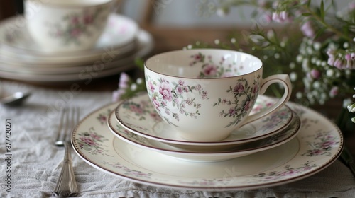 garden party tableware, elegant tableware adorned with delicate floral patterns, ideal for a sophisticated garden party brunch © Aliaksandra