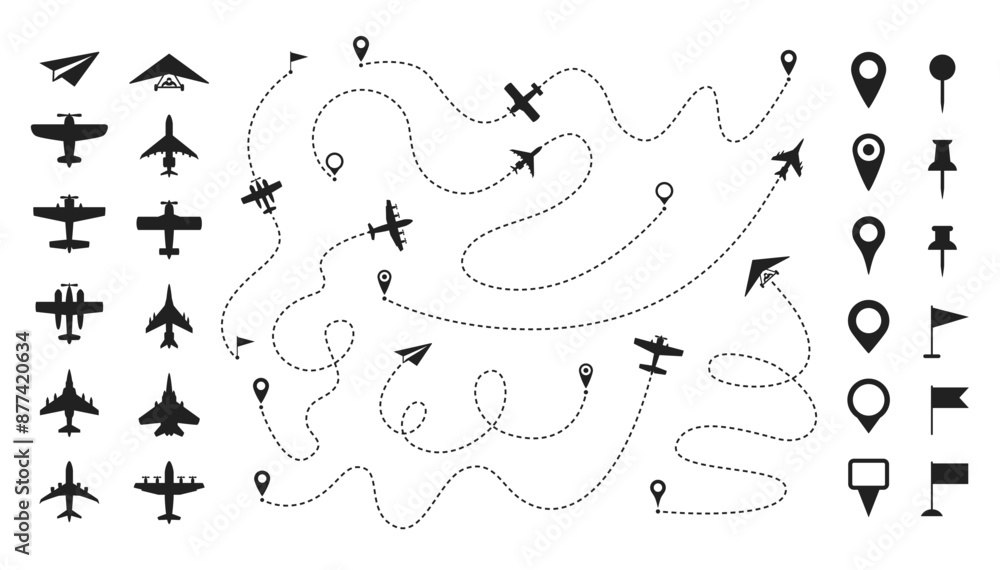Dashed line plane route. Airplane trajectories path, flight roadmap trace lines with dash stroke, jet start and destination pin points. Aircraft arrival location vector infographic. Airline transport. Dashed line plane route. Airplane trajectories path, flight roadmap trace lines with dash stroke, jet start and destination pin points. Aircraft arrival location vector infographic. Airline transport.