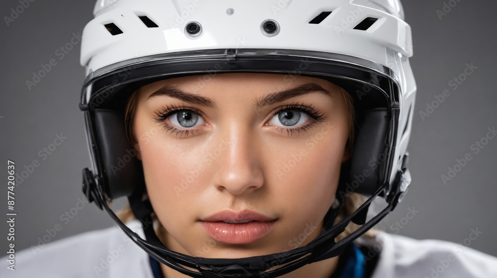 A focused gaze behind the protective shell of a hockey helmet A focused gaze behind the protective shell of a hockey helmet