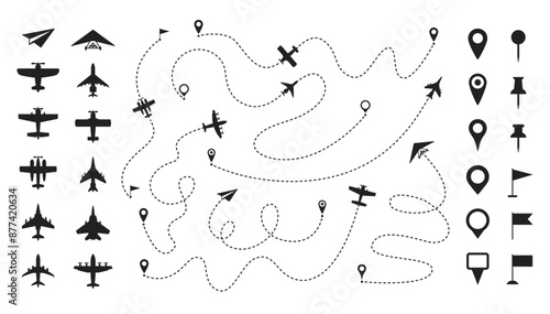 Dashed line plane route. Airplane trajectories path, flight roadmap trace lines with dash stroke, jet start and destination pin points. Aircraft arrival location vector infographic. Airline transport.