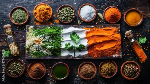 A professional photo from Ayurveda spices form an Indian flag with tri-color orange white and green which ideally looks like Indian flag with ayurveda instruments around it, arranged neatly, Created U
