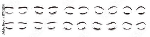 Eyebrows and eyelashes styles. Beauty eyebrow shapes and eyelash designs, natural eye makeup look. Realistic closed eyes with lashes and brow styling vector set. Fashion glamour salon elements.