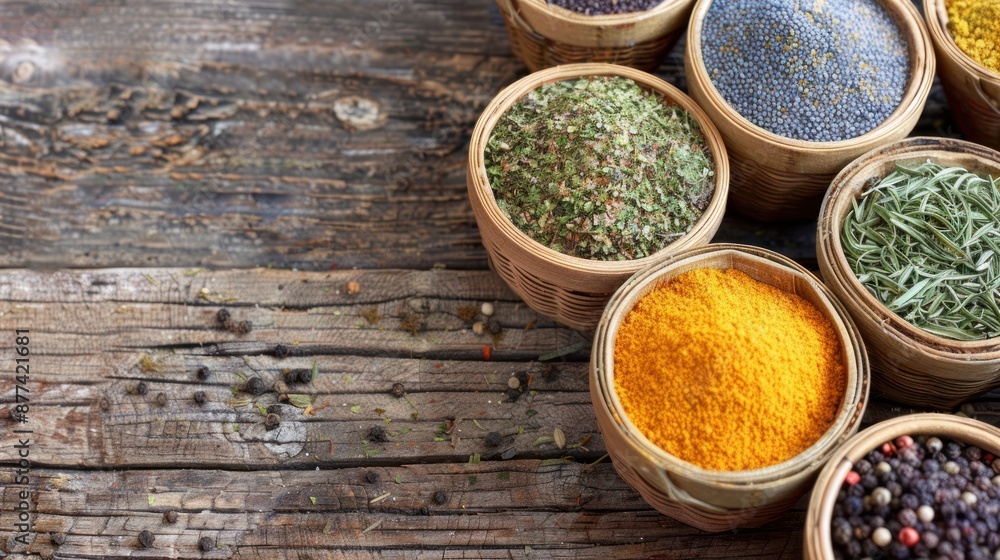 Assortment of Spices in Bowls on Wooden Background Assortment of Spices in Bowls on Wooden Background