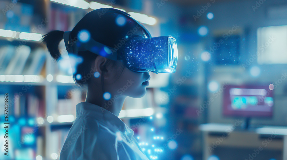 A young girl wearing VR glasses is playing games in the virtual world, surrounded by holographic blue light particles floating around her head. A young girl wearing VR glasses is playing games in the virtual world, surrounded by holographic blue light particles floating around her head.