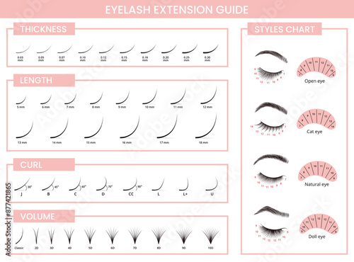 Eyelash extensions guide. Lashes extension types by thickness, length, curl and volume. Open, cat, natural and doll eye shapes styles. Beauty salon chart for makeup artist vector illustration.