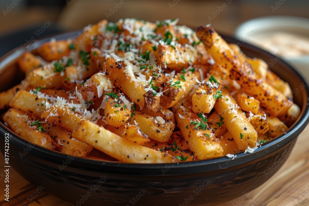 A luxurious serving of truffle fries, topped with Parmesan cheese and fresh parsley. A luxurious serving of truffle fries, topped with Parmesan cheese and fresh parsley.
