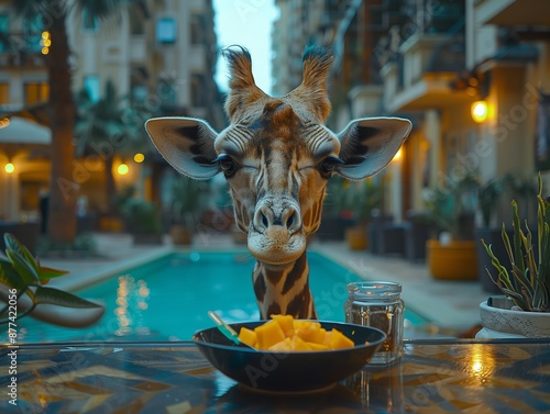 in full growth photo of a Giraffe from the street sticking his head in the hotel restaurant eats mango from a plate guests, sunset lighting, solid color, aristocratic style photo