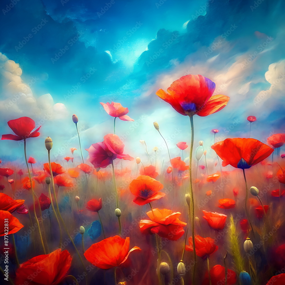 Obraz premium Watercolor red poppy flowers background .Beautiful red poppies landscape on blue sky art. Nature background with poppies .