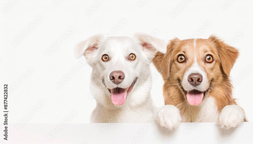 dogs peeking over white edge. Web banner. Cute pets. White background. dogs peeking over white edge. Web banner. Cute pets. White background.